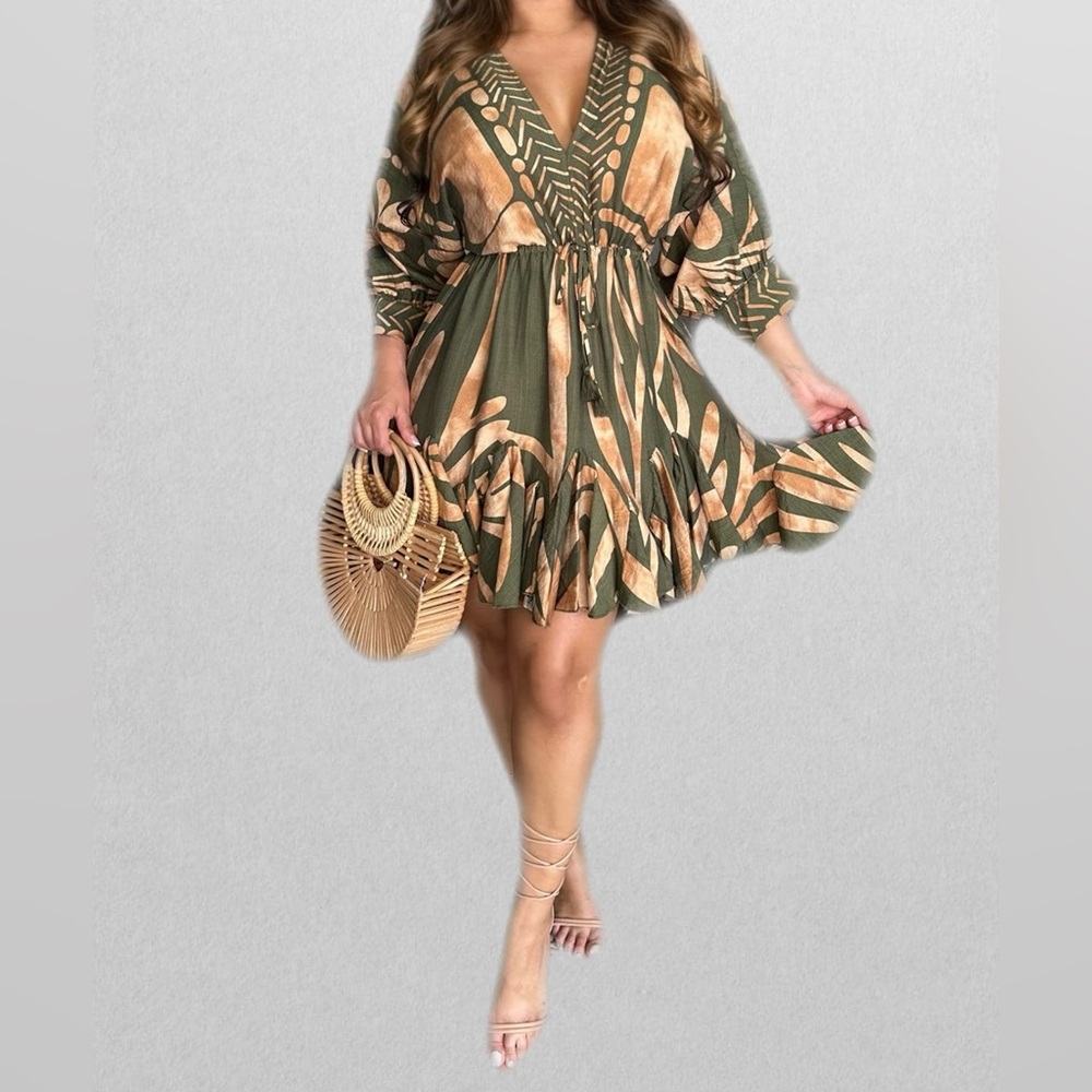 NWT-Olive & Tan Boho Print Mini Dress | Flowy V-Neck | Medium